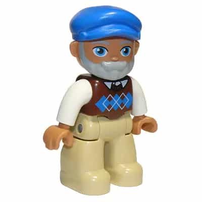 Duplo Figure Lego Ville, Male, Tan Legs, Reddish Brown Argyle Sweater Vest, White Arms, Light Bluish Gray Beard, Blue Cap (6298486)