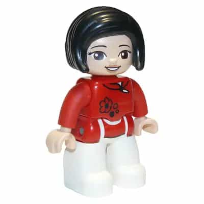 Duplo Figure Lego Ville, Female, White Legs, Red Top with Black Flowers, Black Hair