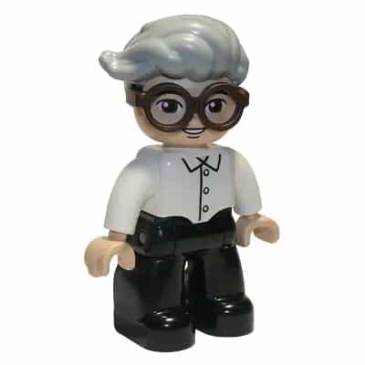 Duplo Figure Lego Ville, Male, Black Legs, White Top, Dark Brown Glasses, Light Bluish Gray Hair