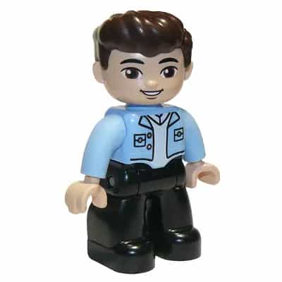 Duplo Figure Lego Ville, Male, Black Legs, Bright Light Blue Top with White Shirt, Dark Brown Hair
