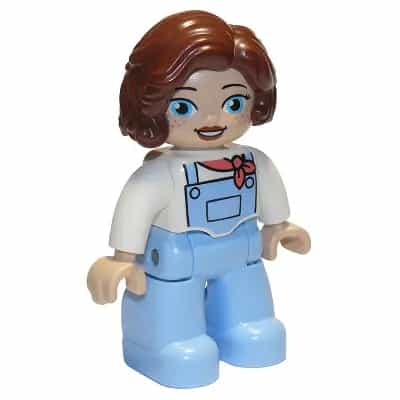 Duplo Figure Lego Ville, Female, Bright Light Blue Legs with Overalls, White Top, Freckles, Reddish Brown Hair (6329836)