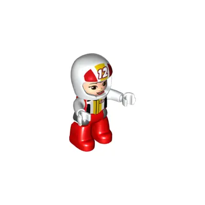 Duplo Figure Lego Ville, Female, Red Legs, White Race Top and Helmet with Number 12 Pattern (6345401)