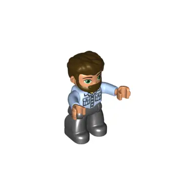 Duplo Figure Lego Ville, Male, Black Legs, Bright Light Blue Shirt with Pockets, Dark Brown Hair and Beard