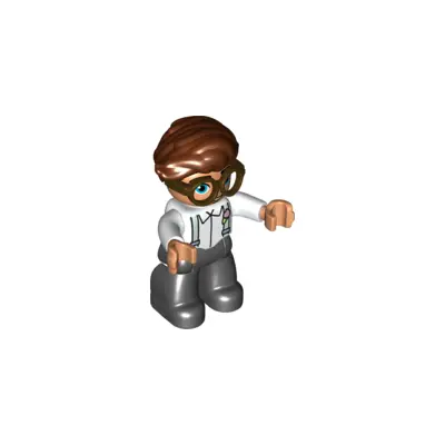 Duplo Figure Lego Ville, Male, Black Legs, White Top with Light Aqua Suspenders, Dark Brown Glasses, Reddish Brown Hair