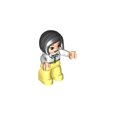 Duplo Figure Lego Ville, Female, Bright Light Yellow Legs, White Top with Light Aqua Bow, Black Hair, Reddish Brown Eyes (6347490)
