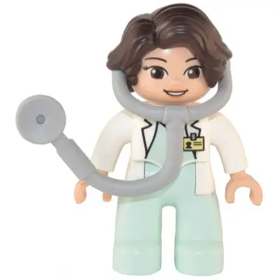 Duplo Figure Lego Ville, Female Medic, Light Aqua Legs, White Top with ID Badge, White Arms, Dark Brown Hair, Attached Stethoscope (6374984)