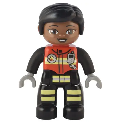Duplo Figure Lego Ville, Female Firefighter, Black Legs with Reflective Stripes, Red Vest with Silver Fire Badge and Radio, Black Hair, Reddish Brown Eyes (6374797)