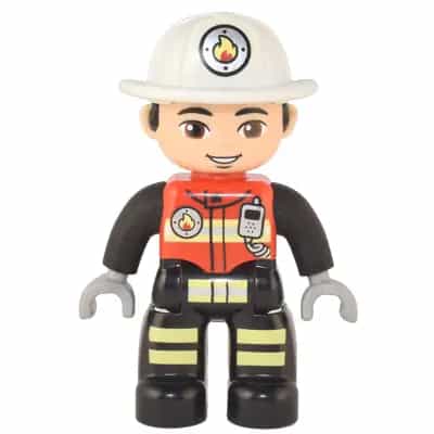 Duplo Figure Lego Ville, Male Firefighter, Black Legs with Reflective Stripes, Red Vest with Silver Fire Badge and Radio, Light Nougat Face, White Helmet with Fire Badge (6374293)