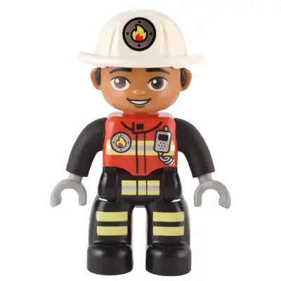Duplo Figure Lego Ville, Male Firefighter, Black Legs with Reflective Stripes, Red Vest with Silver Fire Badge and Radio, Medium Nougat Face, White Helmet with Fire Badge (6373860)