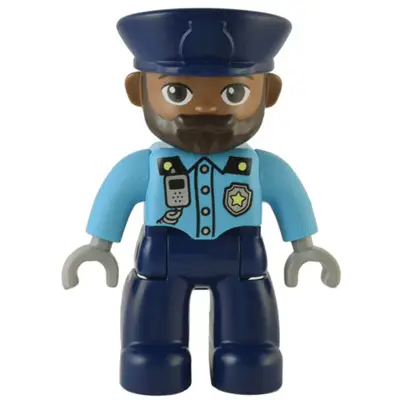 Duplo Figure Lego Ville, Male Police, Dark Blue Legs, Medium Azure Top with Silver Badge and Radio, Dark Blue Hat (6374803)
