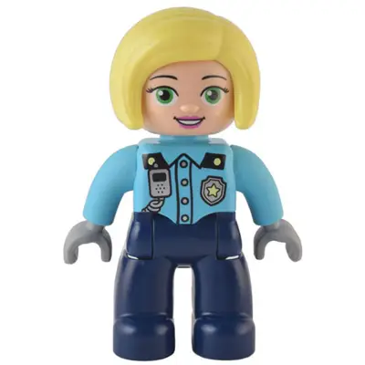 Duplo Figure Lego Ville, Female Police, Dark Blue Legs, Medium Azure Top with Silver Badge and Radio Pattern, Bright Light Yellow Hair (6374290)