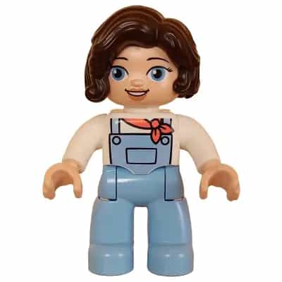 Duplo Figure Lego Ville, Female, Bright Light Blue Legs with Overalls, White Top, Dark Brown Hair (6427981)