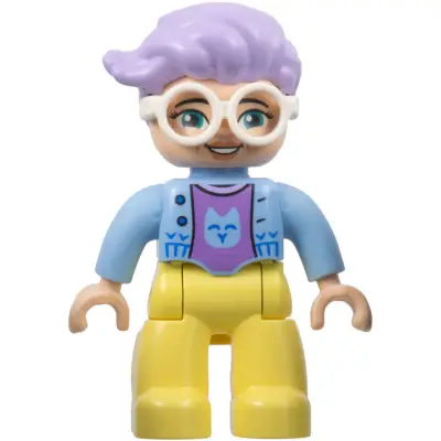 Duplo Figure Lego Ville, Female, Bright Light Yellow Legs, Bright Light Blue Jacket, Medium Lavender Cat Shirt, White Glasses, Lavender Hair (6444490)