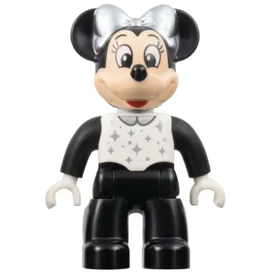 Duplo Figure Lego Ville, Minnie Mouse, Black Legs and Sleeves, White Top, and Silver Collar, Sparkles, Dots, and Bow (6438760)