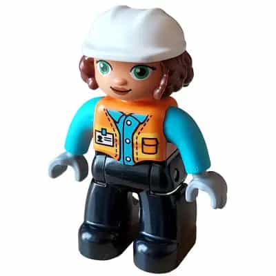 Duplo Figure Lego Ville, Female, Black Legs, Orange Vest with Name Tag and Pocket Pattern, Medium Azure Shirt, Light Bluish Gray Hands, White Construction Helmet (6427943)