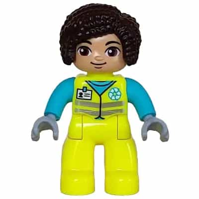 Duplo Figure Lego Ville, Female Garbage Worker, Neon Yellow Uniform, Medium Azure Shirt with White Name Badge and Recycle Logo Pattern, Dark Brown Hair (6446215)