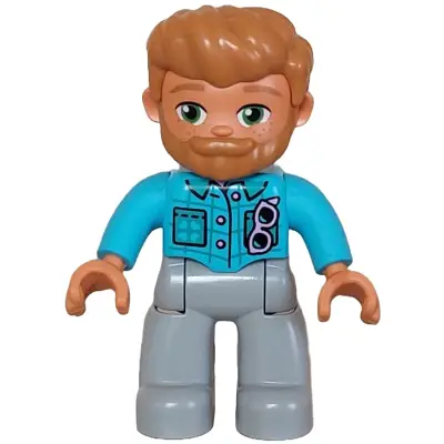 Duplo Figure Lego Ville, Male, Light Bluish Gray Legs, Medium Azure Jacket with Bright Pink Buttons and Glasses Pattern, Medium Nougat Hair and Beard (6465885)