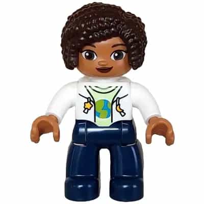 Duplo Figure Lego Ville, Female, Dark Blue Legs, White Vest with Star and Moon Fasteners Pattern, Yellowish Green Shirt, Dark Brown Hair (6442943)