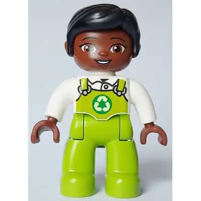 Duplo Figure Lego Ville, Female, Lime Legs with Overalls and Recycling Logo, Black Hair (6464666)