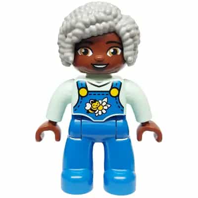 Duplo Figure Lego Ville, Female, Blue Legs with Overalls, Bee and Daisy, Light Bluish Gray Hair (6469007, 6569838)