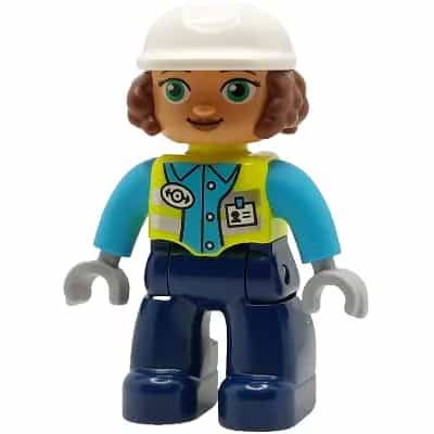 Duplo Figure Lego Ville, Female Railway Worker, Dark Blue Legs, Neon Yellow Vest with Name Tag and Train Logo, Medium Azure Shirt, Light Bluish Gray Hands, White Construction Helmet (6489390)