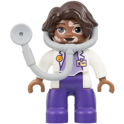 Duplo Figure Lego Ville, Female Medic, Dark Purple Legs, White Top with ID Badge Pattern, White Arms, Dark Brown Hair, Attached Stethoscope, Vitiligo (6533434 / 6548219)