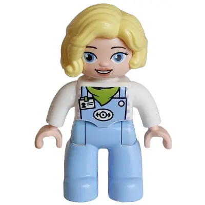 Duplo Figure Lego Ville, Female Train Driver, Bright Light Blue Legs with Overalls with Name Tag, Train Logo, Lime Scarf Pattern, Bright Light Yellow Hair (6488901 / 6569837)