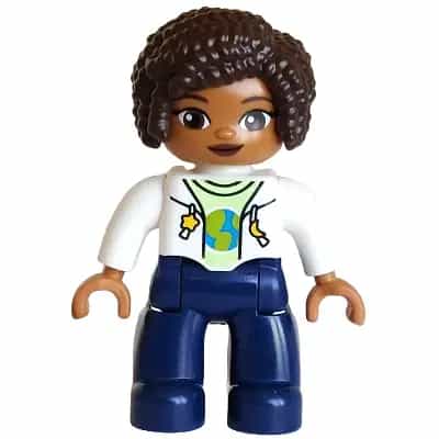 Duplo Figure Lego Ville, Female, Dark Blue Legs, White Jacket over Yellowish Green Shirt with Blue and Lime Planet, Yellow Star and Moon Pattern, Dark Brown Hair (6442943 / 6604625)