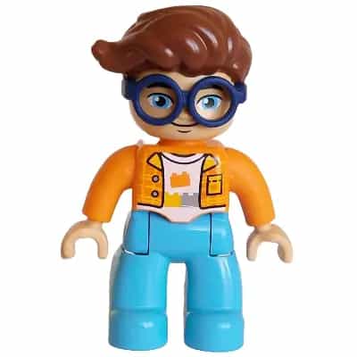 Duplo Figure Lego Ville, Male, Medium Azure Legs, Orange Plaid Jacket over White Shirt with Silver Buttons, Yellow Collar and Pocket, Bricks Pattern, Reddish Brown Hair, Attached Dark Blue Glasses (64