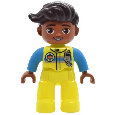 Duplo Figure Lego Ville, Male, Neon Yellow Legs, Uniform Vest with Silver and Dark Azure Stripes, Radio and EMT Star of Life Pattern, Dark Brown Hair (6527690 / 6569862)