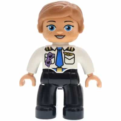 Duplo Figure Lego Ville, Female, Black Legs, White Pilot Uniform, Blue Tie, Medium Lavender Glasses, Gold Wings Badge Pattern, Medium Nougat Hair (6559786)
