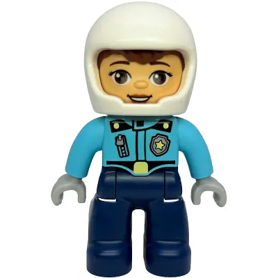 Duplo Figure Lego Ville, Female Police, Dark Blue Legs, Medium Azure Top with Badge and Zipper, White Helmet (6586684)
