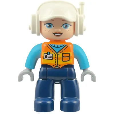 Duplo Figure Lego Ville, Female, Construction Worker, Dark Blue Legs, Orange Vest with Name Tag, Medium Azure Shirt, Light Bluish Gray Hands, White Helmet (6585429)
