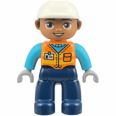 Duplo Figure Lego Ville, Male, Construction Worker, Dark Blue Legs, Orange Vest with Name Tag, Medium Azure Shirt, Light Bluish Gray Hands, White Helmet (6585846)