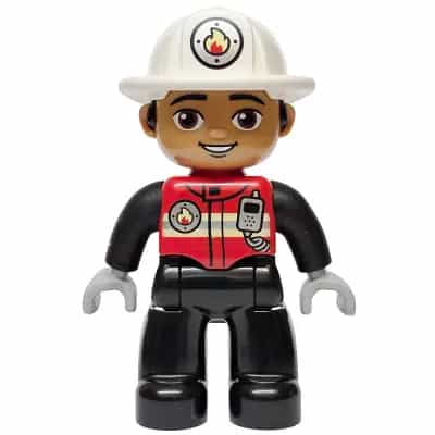 Duplo Figure Lego Ville, Male Firefighter, Black Legs, Red Vest with Silver Fire Badge and Radio, Medium Nougat Face, White Helmet with Fire Badge (6589646)