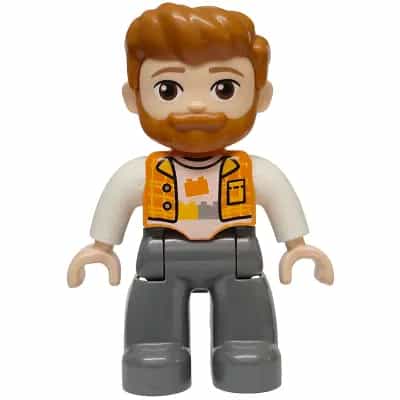 Duplo Figure Lego Ville, Male, Dark Bluish Gray Legs, Orange Vest over White Shirt with Bricks Pattern, Dark Orange Hair and Beard (6590834)