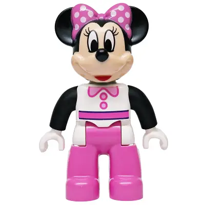 Duplo Figure Lego Ville, Minnie Mouse, White Top with Black Sleeves, Dark Pink Legs (6600689)