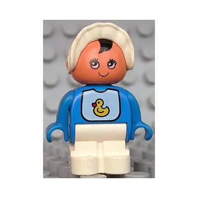 Duplo Figure, Child Type 1 Baby, White Legs, Bib with Duck Pattern, White Bonnet