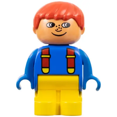 Duplo Figure, Child Type 1 Boy, Yellow Legs, Blue Top with Red Suspenders, Red Hair, Freckles, White in Eyes