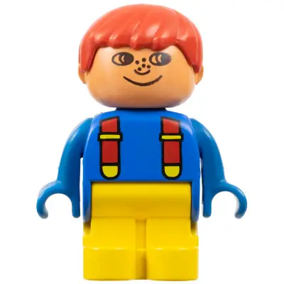 Duplo Figure, Child Type 1 Boy, Yellow Legs, Blue Top with Red Suspenders, Red Hair, Freckles