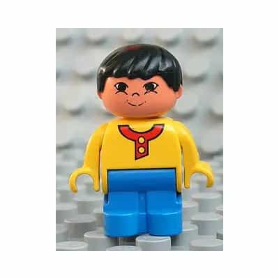 Duplo Figure, Child Type 1 Boy, Blue Legs, Yellow Top with Buttons and Red Collar, Black Hair, Grin