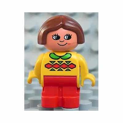 Duplo Figure, Child Type 1 Girl, Red Legs, Yellow Top with Green Collar, Brown Hair