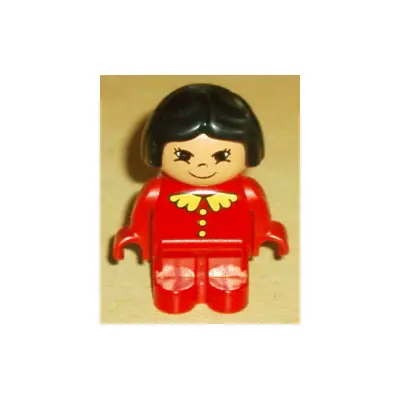 Duplo Figure, Child Type 1 Girl, Red Legs, Red Top with Yellow Buttons and Collar, Black Hair, Eyelashes, Grin