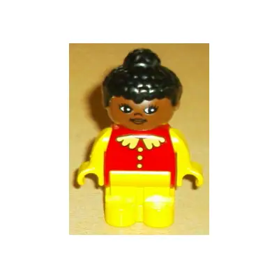 Duplo Figure, Child Type 1 Girl, Yellow Legs, Red Top with Lace Collar & Buttons, Yellow Arms, Black Hair, Brown Head