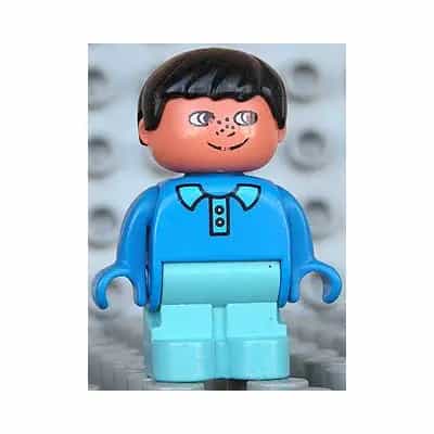 Duplo Figure, Child Type 1 Boy, Maersk Blue Legs, Blue Top with Collar and 2 Buttons, Black Hair