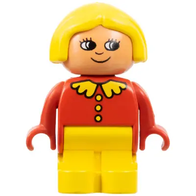 Duplo Figure, Child Type 1 Girl, Yellow Legs, Red Top with Collar and 3 Buttons, Yellow Hair, White in Eyes