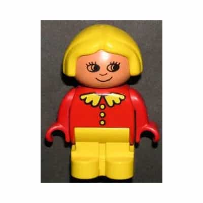 Duplo Figure, Child Type 1 Girl, Yellow Legs, Red Top with Collar and 3 Buttons, Yellow Hair