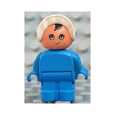 Duplo Figure, Child Type 1 Baby, Blue Legs, Blue Body, White Bonnet