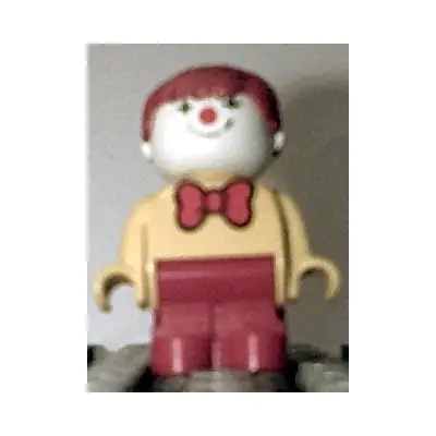 Duplo Figure, Child Type 1 Boy, Red Legs, Yellow Top With Red Bow Tie, Red Hair (Clown)