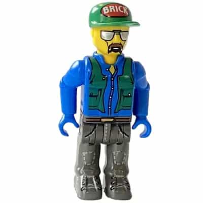Construction Worker with Blue Shirt, Green Vest and Cap with the Word 'Brick', Sunglasses and Moustache